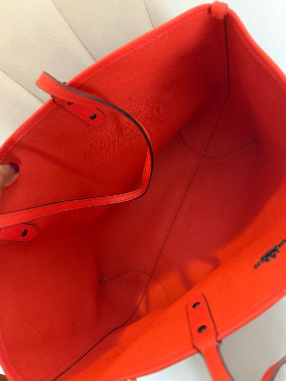 Reversible Coach Canvas Tote with Coral-Red Trim and Matching Removable Pouch